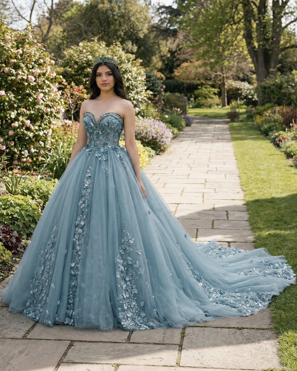 Dusty Blue Sweetheart Ball Gown Quinceanera Dress With 3D Flowers - KissProm
