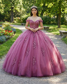 Dusty Rose Off Shoulder Lace 3D Flower Applique Quinceanera Dress - KissProm