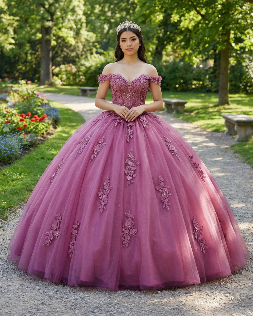Dusty Rose Off Shoulder Lace 3D Flower Applique Quinceanera Dress - KissProm