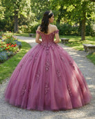 Dusty Rose Off Shoulder Lace 3D Flower Applique Quinceanera Dress - KissProm
