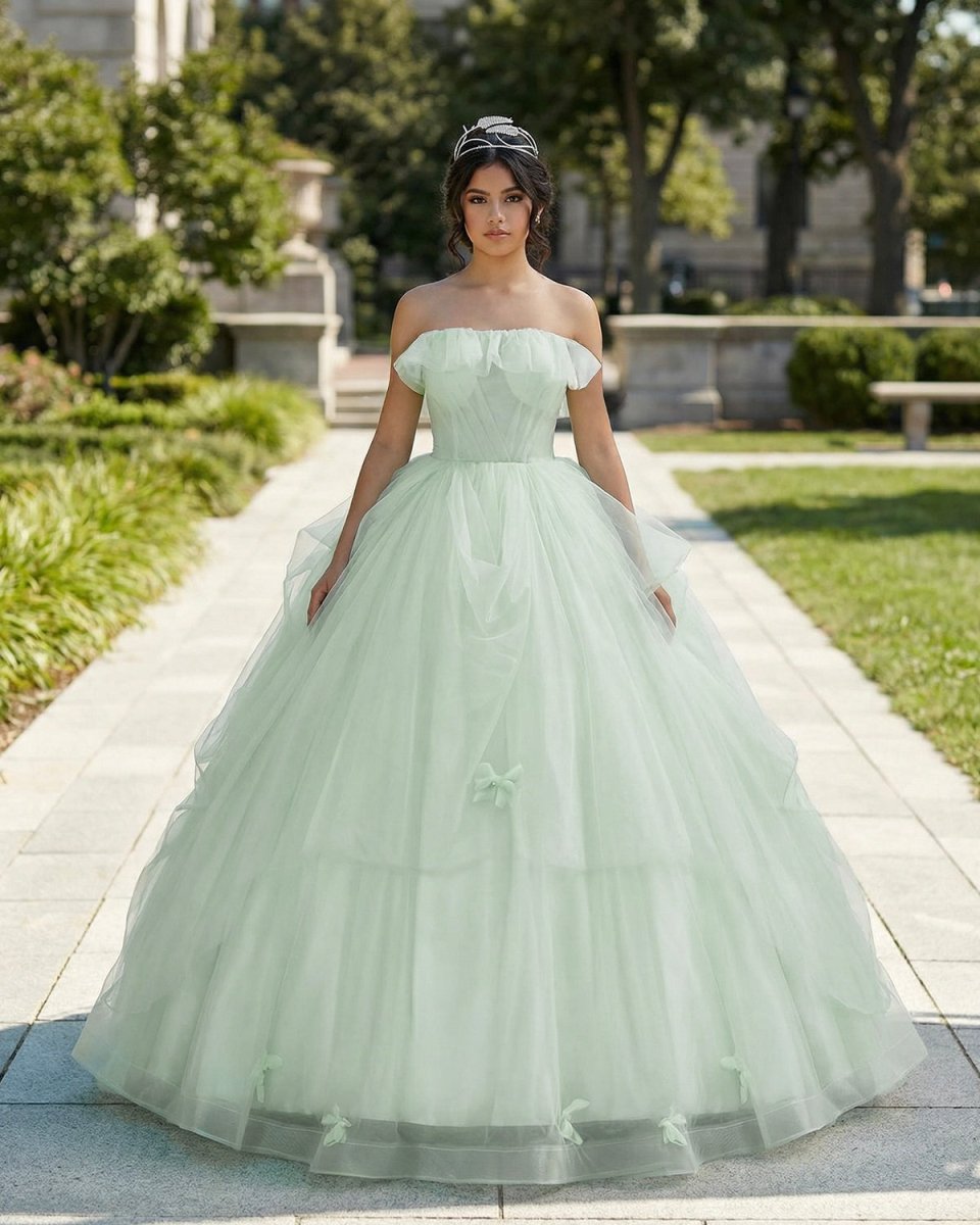 Elegant 3D Flowery Sage Green Tulle Fairy Ball Gown - KissProm