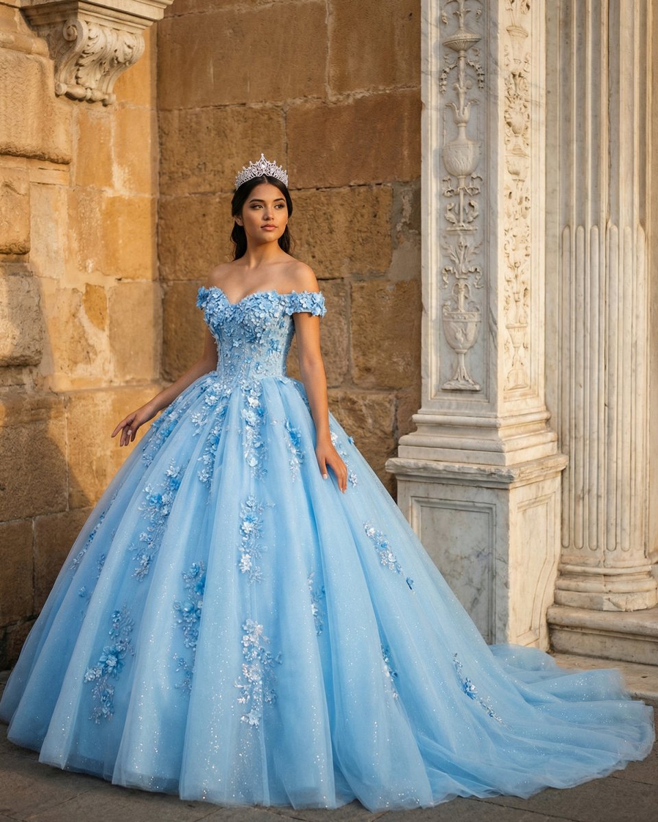 Quinceanera Dress Elegant Sweetheart Off - the - shoulder Appliques Ball Gown - KissProm