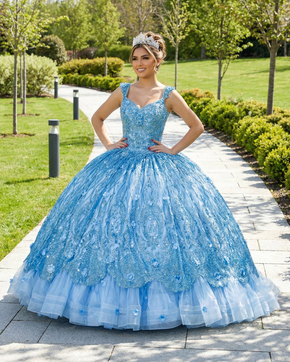 Ball Gown Lace V - Neck Sky Blue Quinceanera Dress - KissProm