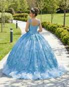 Ball Gown Lace V - Neck Sky Blue Quinceanera Dress - KissProm