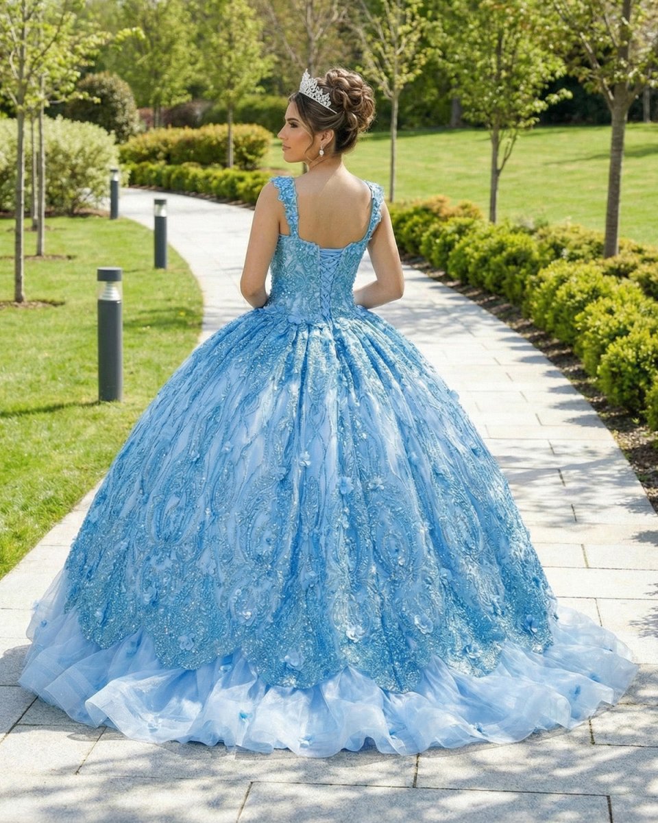 Ball Gown Lace V - Neck Sky Blue Quinceanera Dress - KissProm