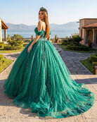 Emerald Green Ball - Gown Tulle Off - the - Shoulder Quinceanera Dresses - KissProm