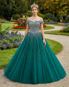 Emerald Green Off The Shoulder Tulle Quinceanera Dresses With Beadings - KissProm