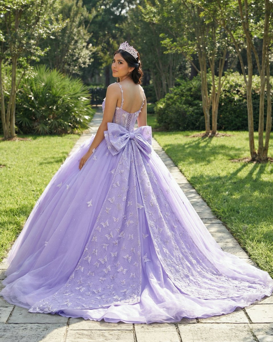 Spaghetti Straps Quinceanera Dresses Ball Gown with Butterfly Appliques and Bowknot - KissProm