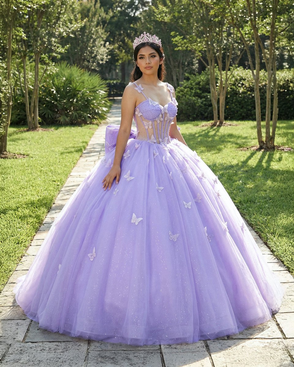 Spaghetti Straps Quinceanera Dresses Ball Gown with Butterfly Appliques and Bowknot - KissProm