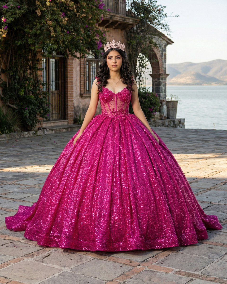 Fuchsia Sleeveless Sequin Quinceanera Dress - KissProm
