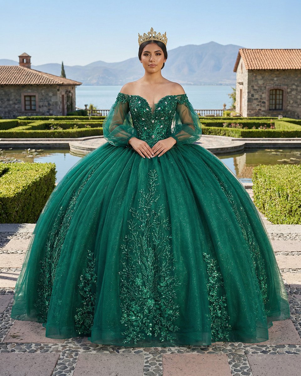 Dark Green Ball Gown Organza Half Sleeves Quinceanera Dress - KissProm