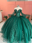 Dark Green Ball Gown Organza Half Sleeves Quinceanera Dress - KissProm