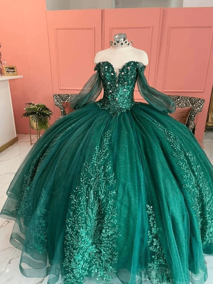 Dark Green Ball Gown Organza Half Sleeves Quinceanera Dress - KissProm