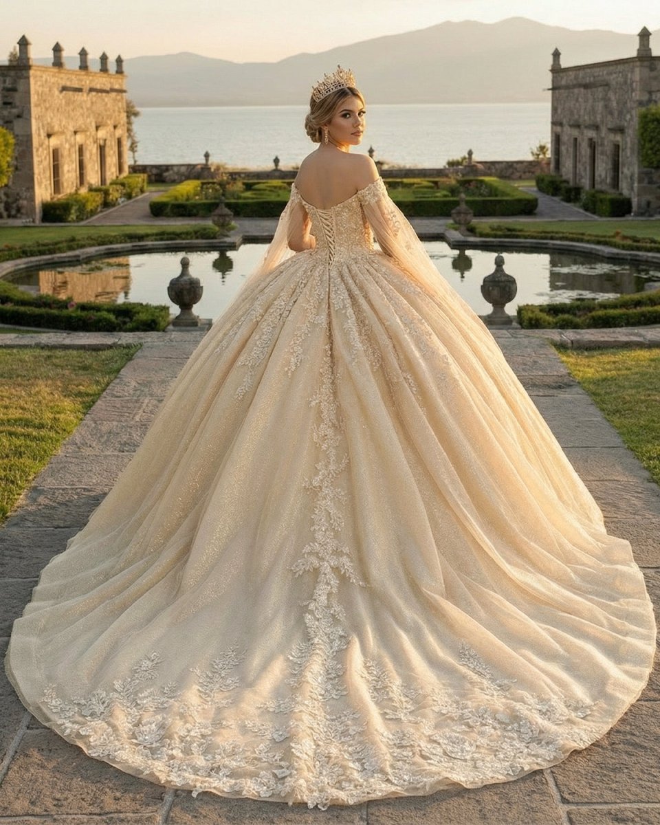 Glamorous Gold Off the Shoulder Glitter Tulle Quinceanera Dress - KissProm