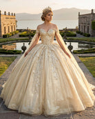 Glamorous Gold Off the Shoulder Glitter Tulle Quinceanera Dress - KissProm