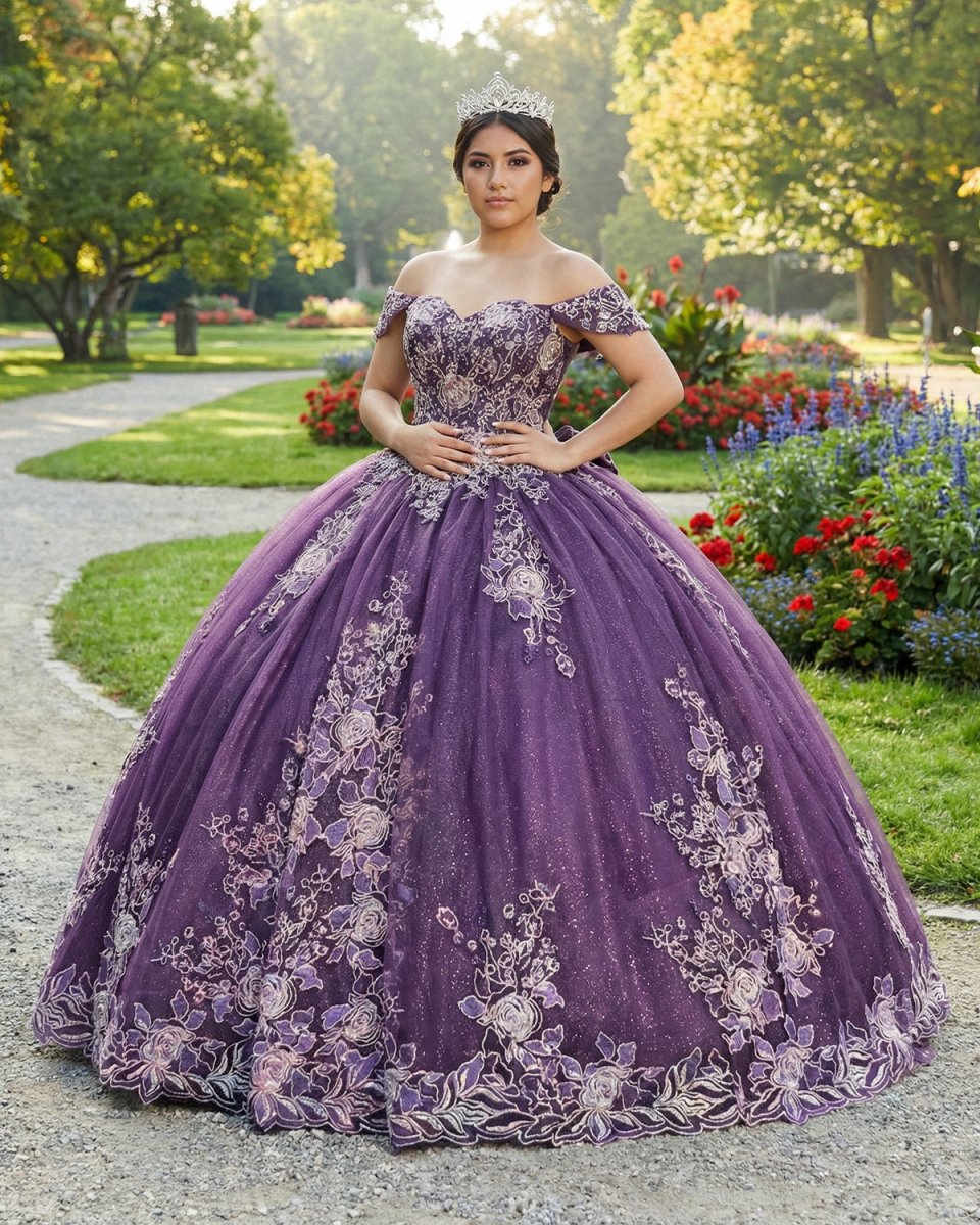 Quinceanera Dress Glamorous Purple Floral Lace Off - the - Shoulder - KissProm