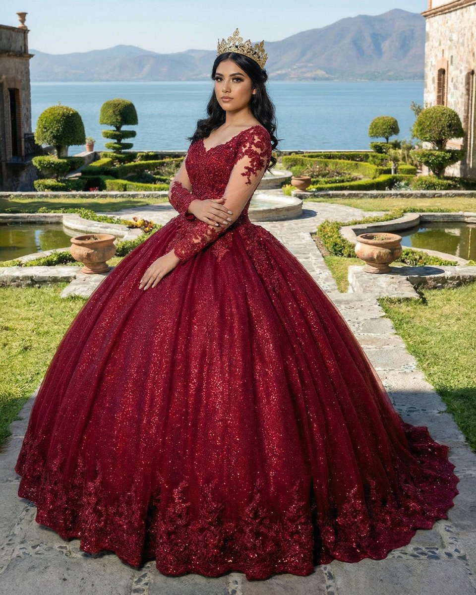 Glitter Long Sleeve Princess Burgundy Quinceanera Dresses - KissProm