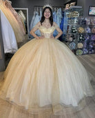 Glitter Off The Shoulder Beading Tulle Long Quinceanera Dresses - KissProm
