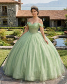 Glitter Off The Shoulder Beading Tulle Long Quinceanera Dresses - KissProm