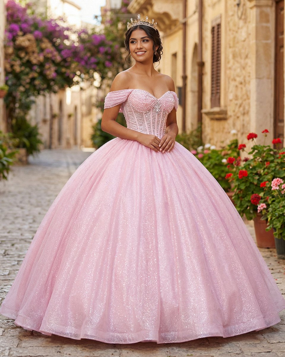 Glitter Off The Shoulder Pink Ball Gown Quinceanera Dresses - KissProm