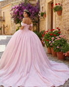 Glitter Off The Shoulder Pink Ball Gown Quinceanera Dresses - KissProm