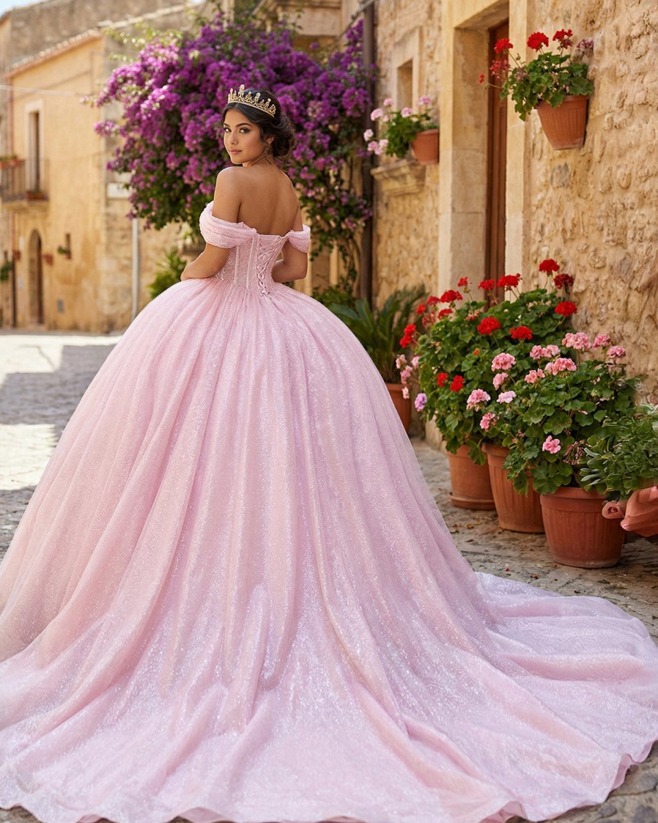 Glitter Off The Shoulder Pink Ball Gown Quinceanera Dresses - KissProm