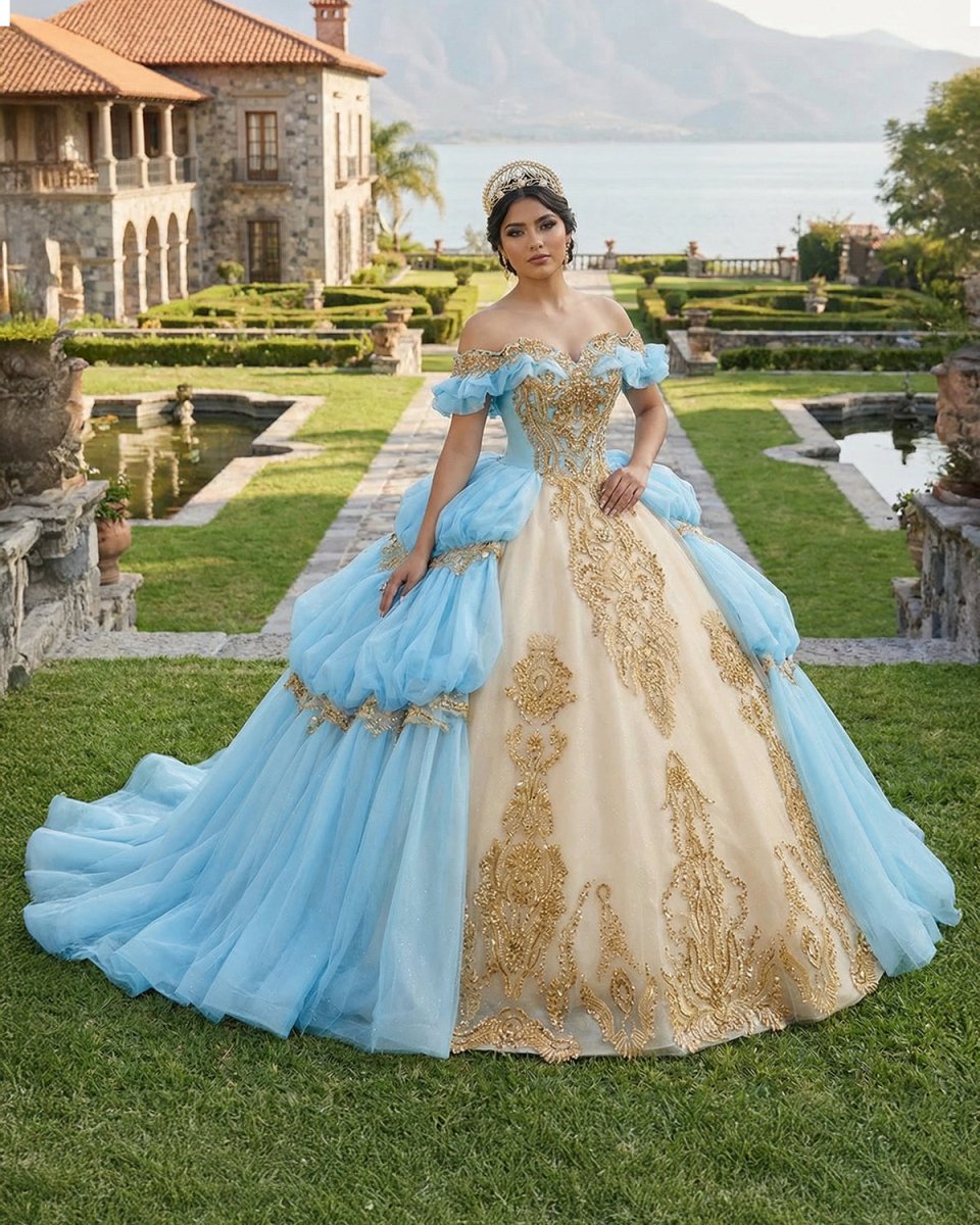 Gold Appliqued Double Colored Corset Back Quinceañera Dress - KissProm