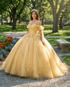 Gold Off Shoulder Tulle Quinceanera Dresses With Lace Appliques - KissProm