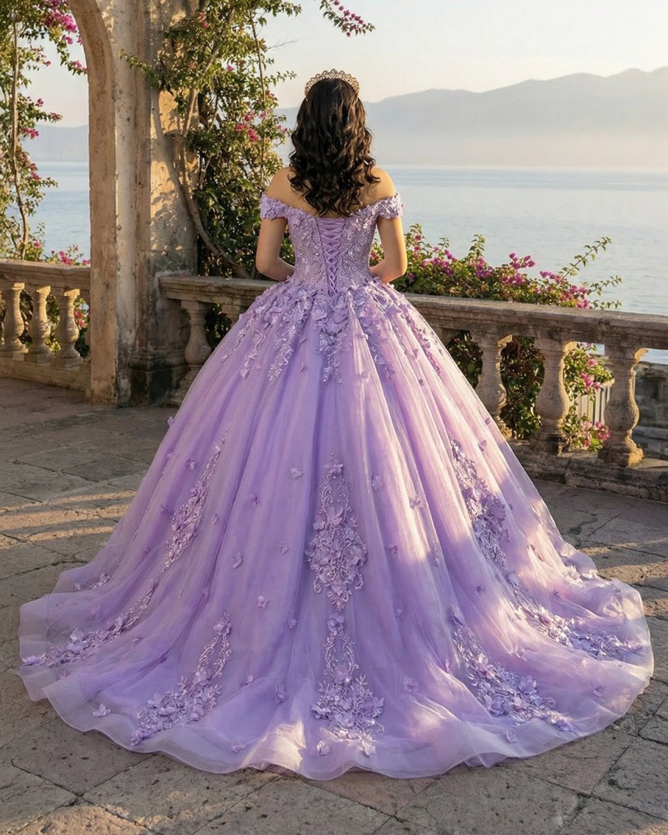 Lace Sky Blue Off the Shoulder Ball Gown Quinceanera Dresses - KissProm