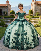 Green Ball Gown Off The Shoulder 3D Flowers Beads Applique Quinceanera Dresses - KissProm