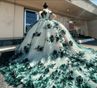 Green Ball Gown Off Shoulder 3D Flowers Beads Applique Quinceanera Dresses