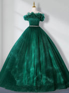 Green Off Shoulder Tulle Long Quinceanera Dresses