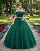 Green Off Shoulder Tulle Long Quinceanera Dresses - KissProm