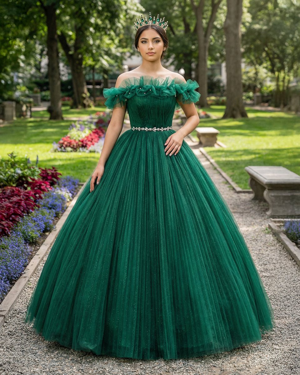 Green Off Shoulder Tulle Long Quinceanera Dresses - KissProm