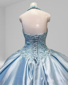 Halter Beaded Sky Blue Satin Ball Gown Quinceañera Dress - KissProm