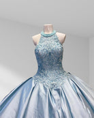 Halter Beaded Sky Blue Satin Ball Gown Quinceañera Dress - KissProm