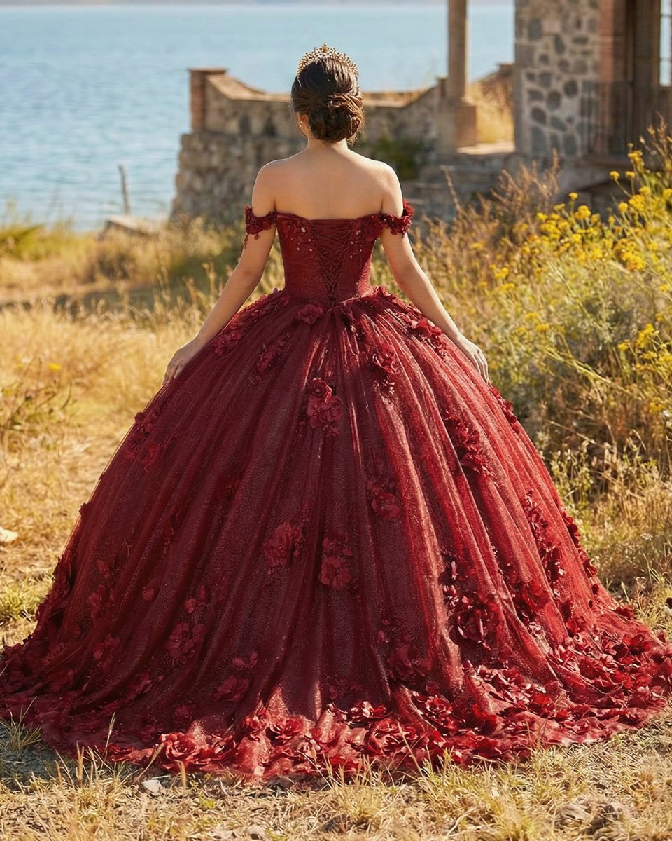 Ball Gown Organza Off The Shoulder Burgundy Quinceanera Dress - KissProm
