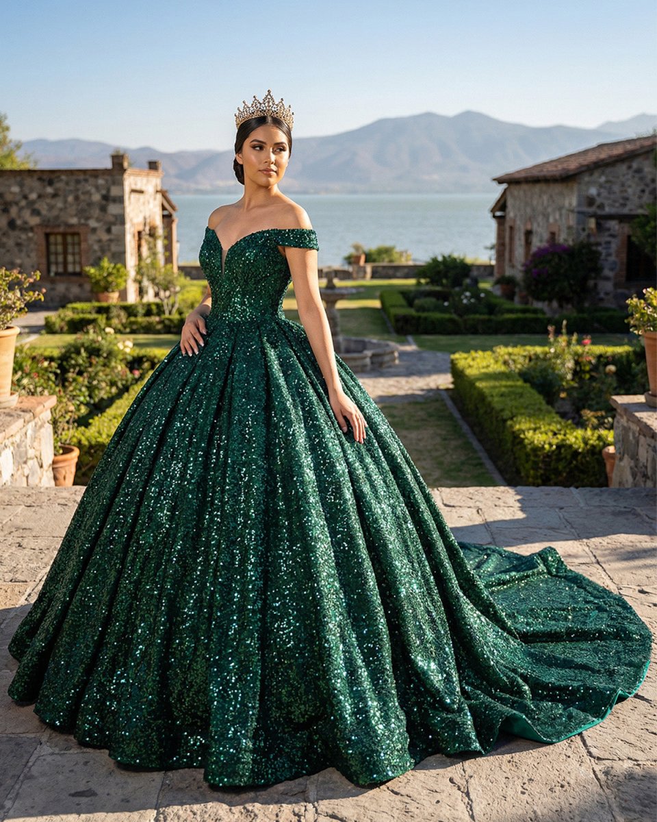 Dark Green Off The Shoulder Ball Gown Sequined Quinceanera Dress - KissProm