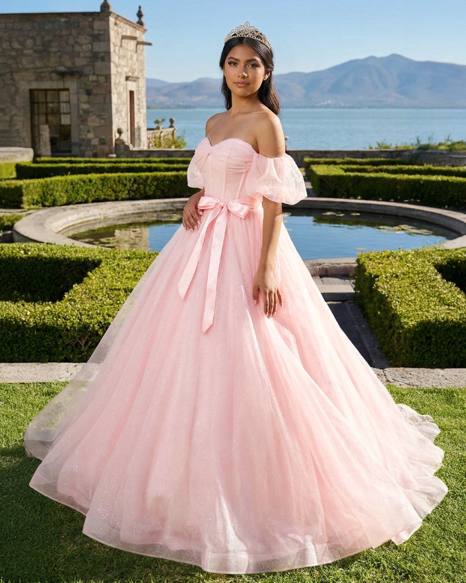 Pink A Line Tulle Off The Shoulder Floor - Length Quinceanera Dresses with Sashes - KissProm