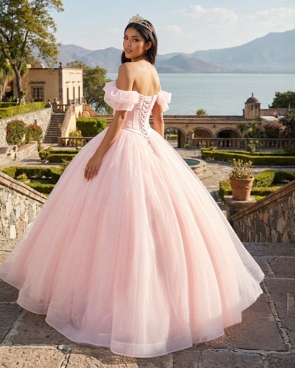 Pink A Line Tulle Off The Shoulder Floor - Length Quinceanera Dresses with Sashes - KissProm