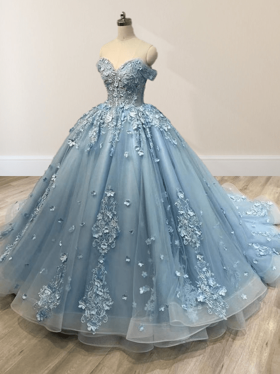Acacia | Lace Dusty Blue Off the Shoulder Ball Gown Quinceanera Dresses - KissProm