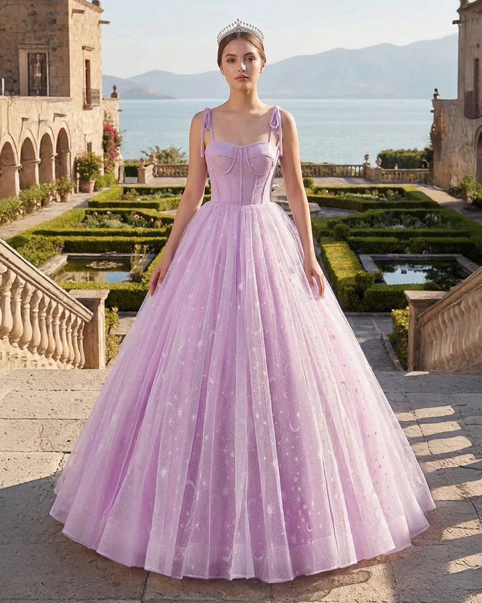 Lilac A - Line Spaghetti Straps Tulle Long Quinceanera Dresses - KissProm