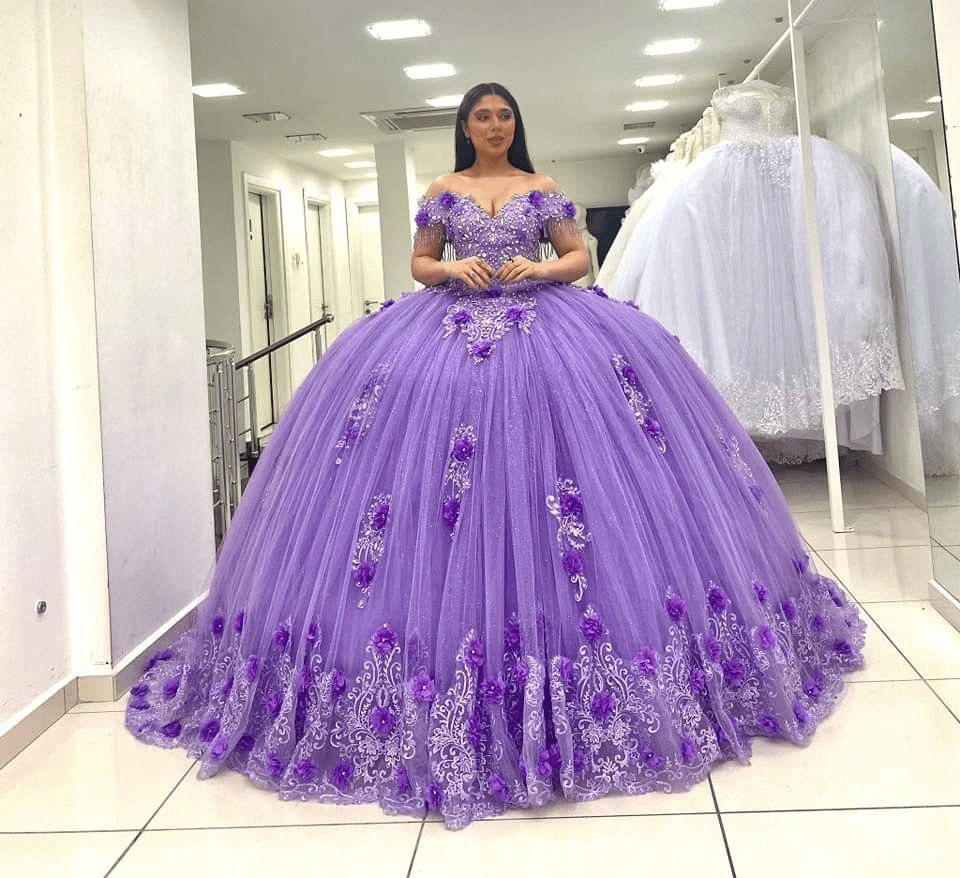 Ball Gown Lace Off - the - Shoulder Lavender Quinceanera Dress - KissProm