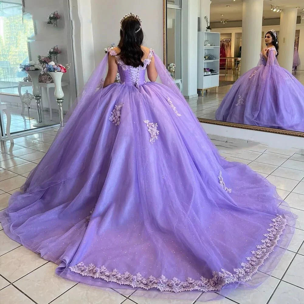 Lilac Ball - Gown Tulle Quinceanera Dresses 3D Flowers With Cape - KissProm