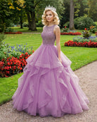 Lilac Lace Beaded Long Organza Quinceanera Ball Gowns - KissProm