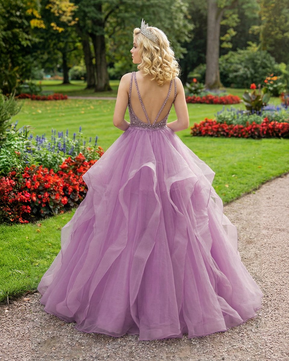 Lilac Lace Beaded Long Organza Quinceanera Ball Gowns - KissProm