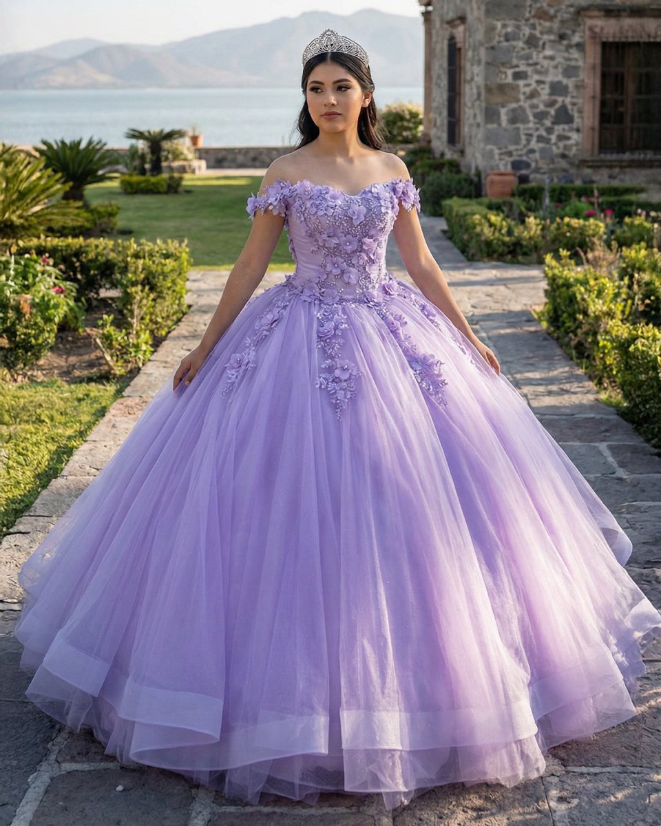 Lilac Tulle Appliques Quinceanera Ball Gown Dress - KissProm