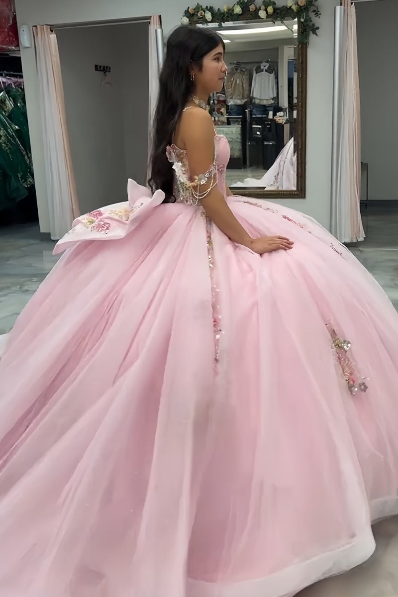 KissProm-Liore Pink Off-The-Shoulder Tulle Appliqued Quinceanera Dress With Bow
