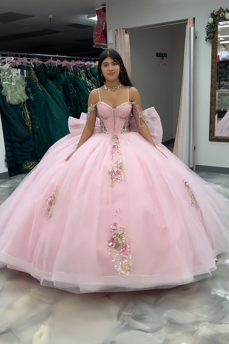 KissProm-Liore Pink Off-The-Shoulder Tulle Appliqued Quinceanera Dress With Bow