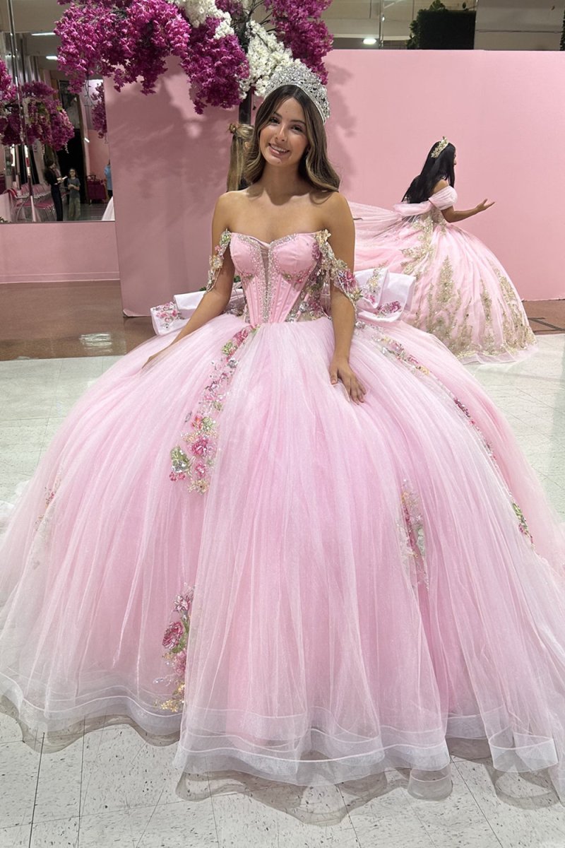 KissProm-Liore Pink Off-The-Shoulder Tulle Appliqued Quinceanera Dress With Bow